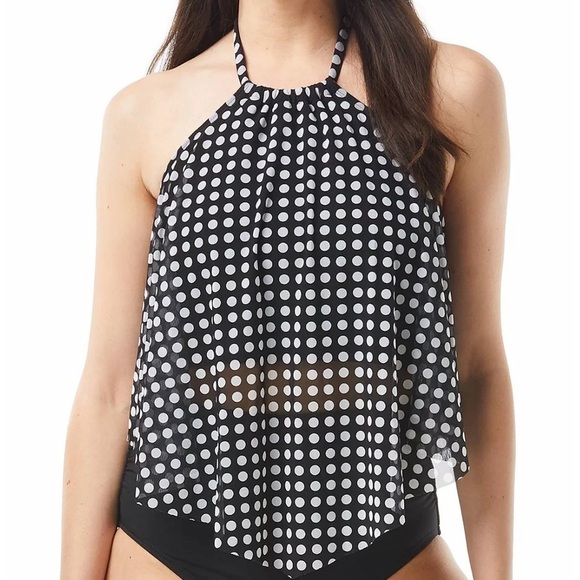 COCO REEF Riviera Dot Aura Mesh Ruffle Crop Tankini Swimsuit Bikini Black 34DD - Picture 13 of 15